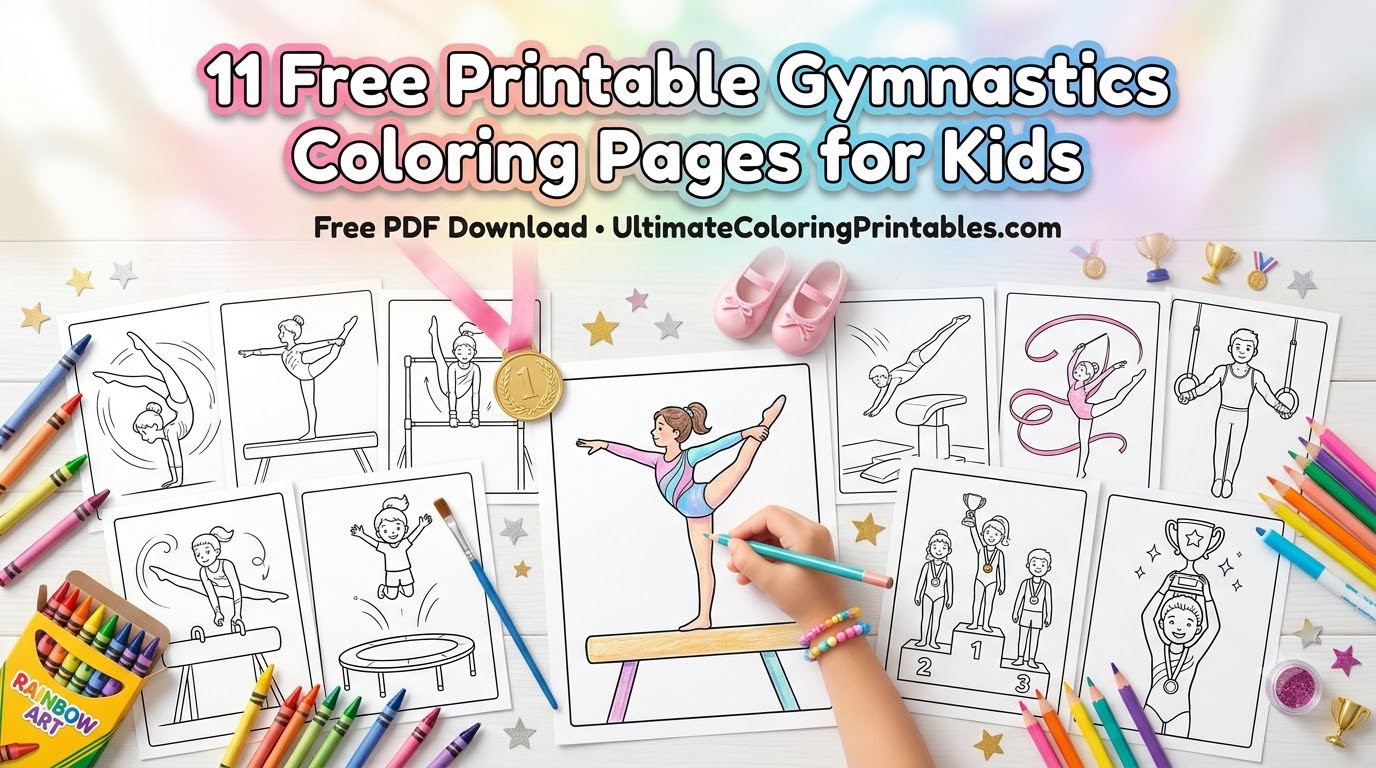11 free printable gymnastics coloring pages for kids featuring gymnasts, coloring sheets, crayons, and gymnastics-themed printable activities.